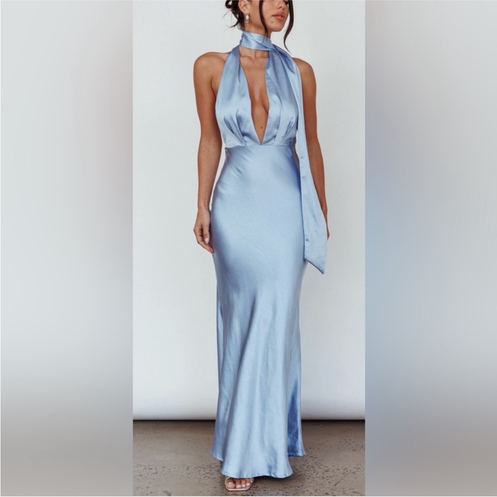 Selfie Leslie Light Blue Satin Maxi Dress